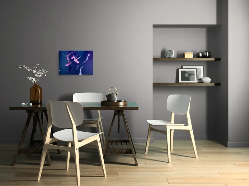 Tablou Canvas, "Dansul grațios al meduzelor colorate", Jeleuri, Strălucire, Acvatic, Fascinație, Albastru, Mister, Mișcare, Grație, Înflorire, Ocean., 54 x 39 cm – poza 6