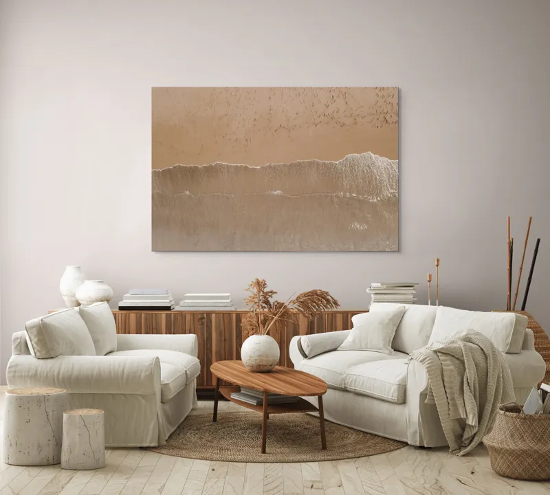 Tablou Canvas, "Urmele pașilor pe țărmul nisipos", Valuri, Nisip, Textură, Spumă, Liniște, Natură, Ocean, Mal, 150 x 100 cm – poza 3