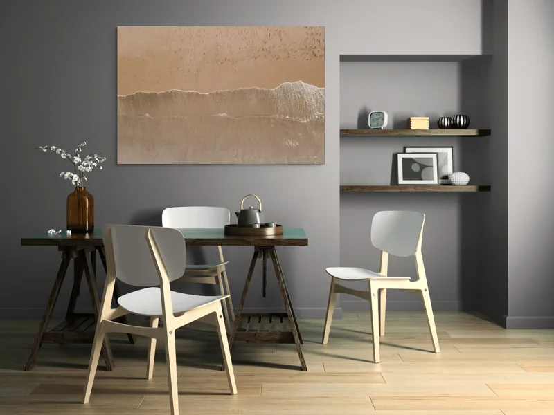 Tablou Canvas, "Urmele pașilor pe țărmul nisipos", Valuri, Nisip, Textură, Spumă, Liniște, Natură, Ocean, Mal, 150 x 100 cm – poza 5