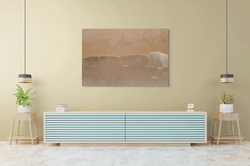 Tablou Canvas, "Urmele pașilor pe țărmul nisipos", Valuri, Nisip, Textură, Spumă, Liniște, Natură, Ocean, Mal, 150 x 100 cm – poza 6