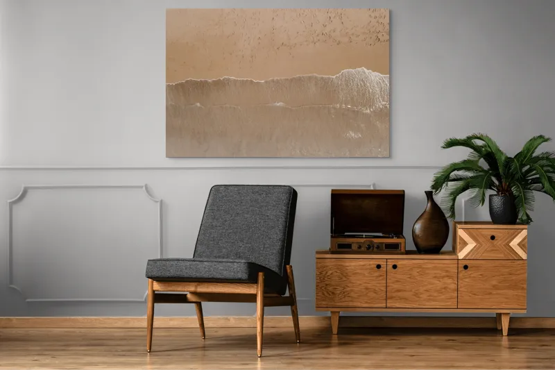 Tablou Canvas, "Urmele pașilor pe țărmul nisipos", Valuri, Nisip, Textură, Spumă, Liniște, Natură, Ocean, Mal, 150 x 100 cm – poza 8