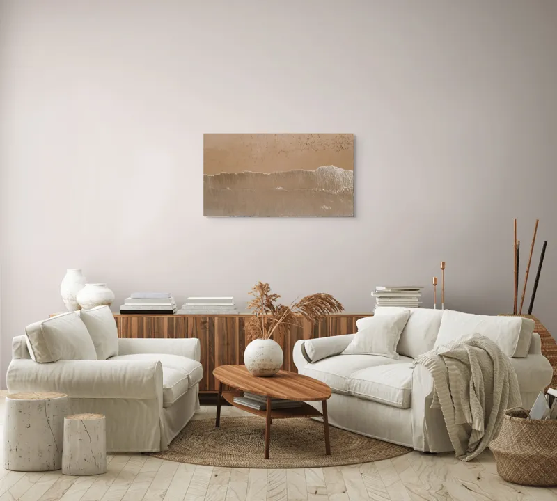 Tablou Canvas, "Urmele pașilor pe țărmul nisipos", Valuri, Nisip, Textură, Spumă, Liniște, Natură, Ocean, Mal, 90 x 50 cm – poza 4