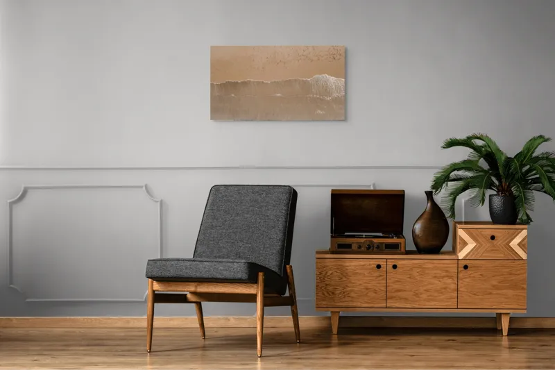 Tablou Canvas, "Urmele pașilor pe țărmul nisipos", Valuri, Nisip, Textură, Spumă, Liniște, Natură, Ocean, Mal, 90 x 50 cm – poza 6