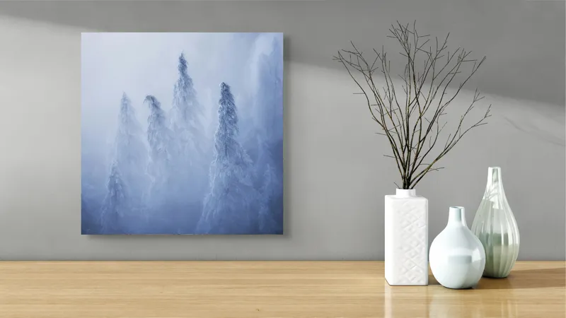 Tablou Canvas, "Înghețul în pădurea tăcută", Mister, Frig, Ceață, Taină, Iarnă, Brazi, Îngheț, Natură, 50 x 50 cm – poza 3