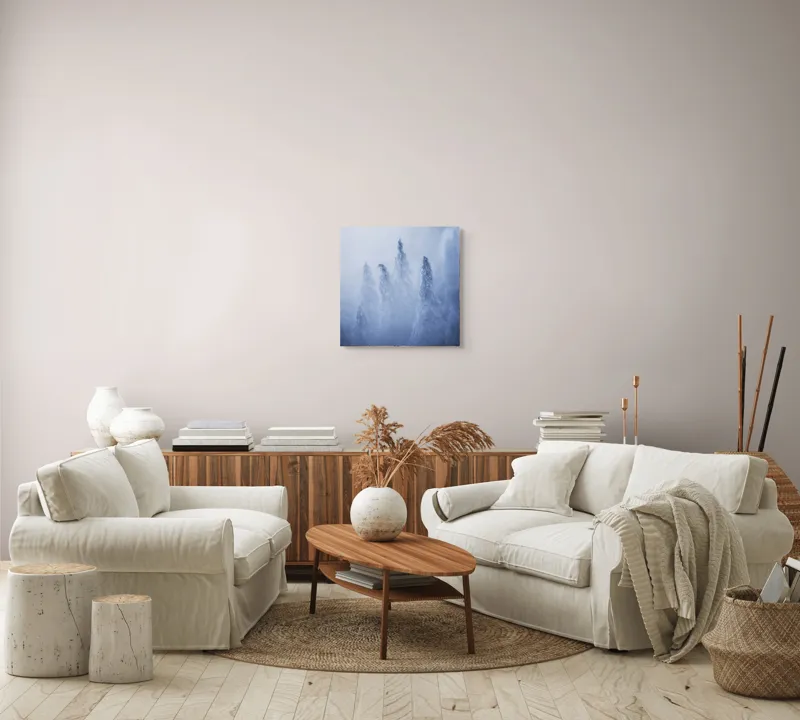 Tablou Canvas, "Înghețul în pădurea tăcută", Mister, Frig, Ceață, Taină, Iarnă, Brazi, Îngheț, Natură, 50 x 50 cm – poza 7