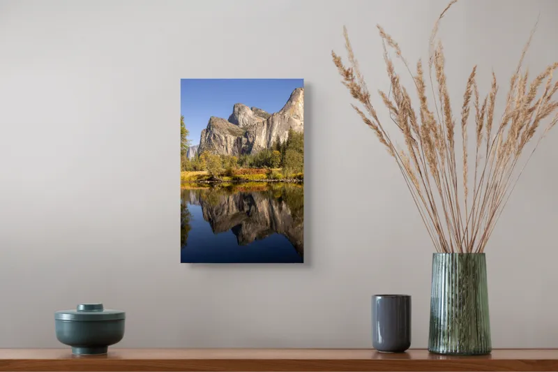 Tablou Canvas, "Reflecții ale măreției naturale montane", Stânci, Reflecție, Apă, Cer, Pădure, Munți, Toamnă, Peisaj, 26 x 39 cm – poza 5