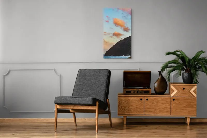 Tablou Canvas, "Far de veghe pe promontoriu stâncos", Ocean, Stâncă, Apus, Nor, Far, Cer, Valuri, Peisaj, Culoare, Contrast, 50 x 90 cm – poza 8