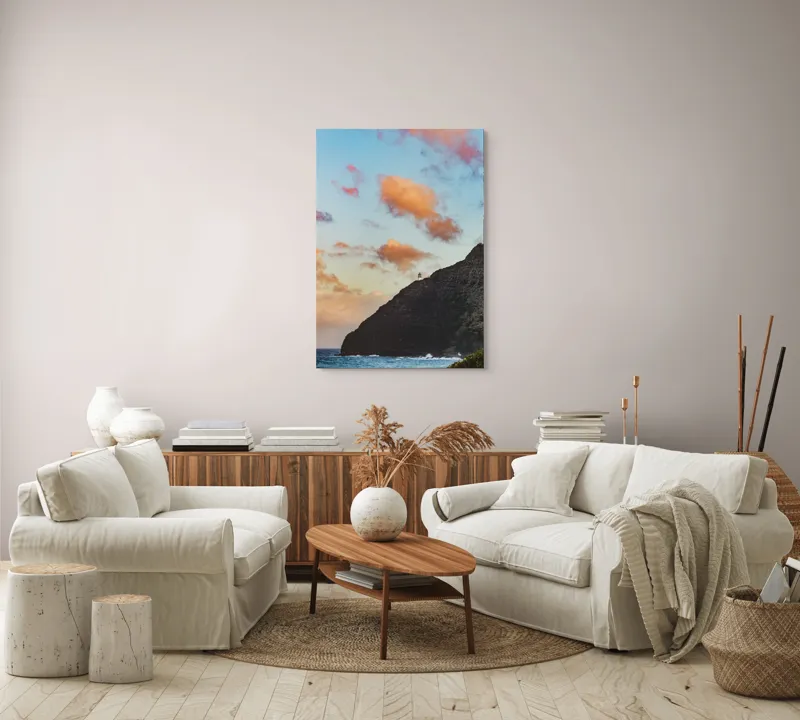 Tablou Canvas, "Far de veghe pe promontoriu stâncos", Ocean, Stâncă, Apus, Nor, Far, Cer, Valuri, Peisaj, Culoare, Contrast, 70 x 100 cm – poza 4