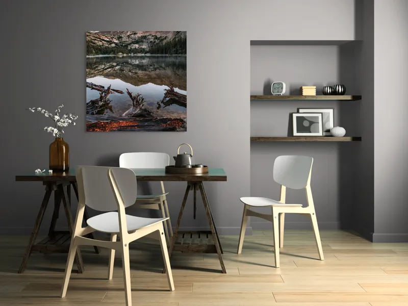 Tablou Canvas, "Reflexiile muntelui în lac liniștit", Reflecție, Măreție, Natură, Tranquilitate, Munți, Liniște, Frumusețe, Lemn, Apus, Apă, Sălbăticie, Peisaj, 100 x 100 cm – poza 6