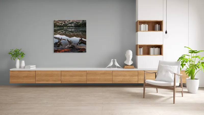 Tablou Canvas, "Reflexiile muntelui în lac liniștit", Reflecție, Măreție, Natură, Tranquilitate, Munți, Liniște, Frumusețe, Lemn, Apus, Apă, Sălbăticie, Peisaj, 100 x 100 cm – poza 8