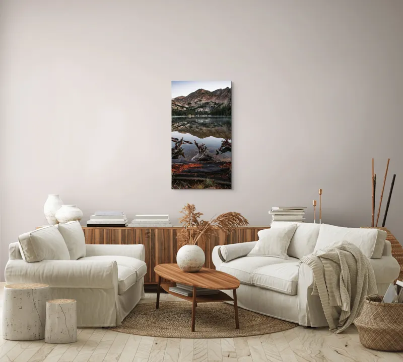 Tablou Canvas, "Reflexiile muntelui în lac liniștit", Reflecție, Măreție, Natură, Tranquilitate, Munți, Liniște, Frumusețe, Lemn, Apus, Apă, Sălbăticie, Peisaj, 50 x 90 cm – poza 7