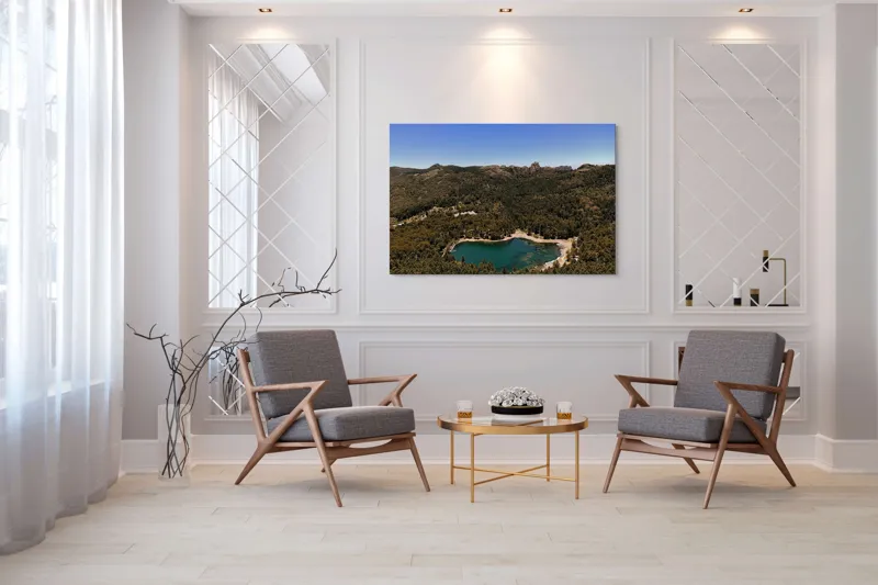 Tablou Canvas, "Lacul ascuns în inima pădurii", Lac, Pădure, Munți, Cer, Verdeață, Natură, Peisaj, Tranquilitate, Aventură, Frumusețe, Răcoare, Linște, 150 x 100 cm – poza 7