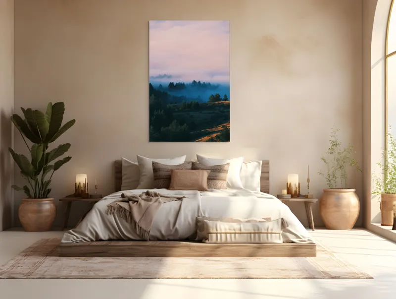 Tablou Canvas, "Văi în ceață la răsărit", Copaci, Ceață, Munți, Cer, Apus, Natură, Siluete, Pădure, 100 x 150 cm – poza 3