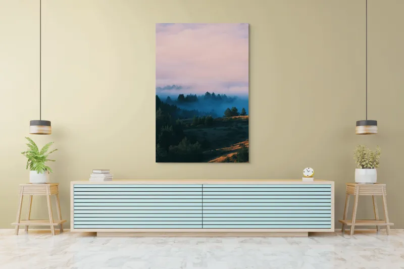 Tablou Canvas, "Văi în ceață la răsărit", Copaci, Ceață, Munți, Cer, Apus, Natură, Siluete, Pădure, 100 x 150 cm – poza 4