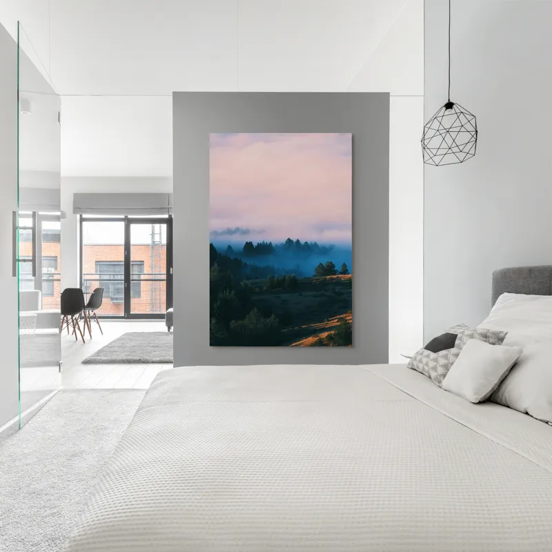 Tablou Canvas, "Văi în ceață la răsărit", Copaci, Ceață, Munți, Cer, Apus, Natură, Siluete, Pădure, 100 x 150 cm – poza 5