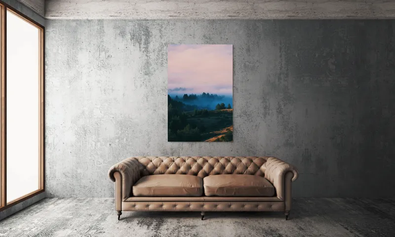 Tablou Canvas, "Văi în ceață la răsărit", Copaci, Ceață, Munți, Cer, Apus, Natură, Siluete, Pădure, 100 x 150 cm – poza 6