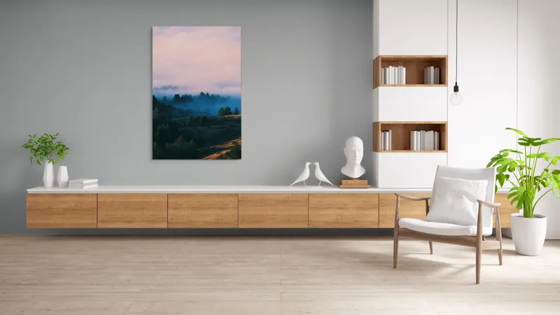 Tablou Canvas, "Văi în ceață la răsărit", Copaci, Ceață, Munți, Cer, Apus, Natură, Siluete, Pădure, 100 x 150 cm – poza 8