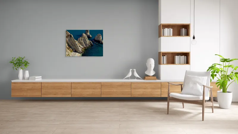 Tablou Canvas, "Stâncile misterioase de lângă țărmul albastru", Stânci, Plajă, Mare, Albastru, Natură, Peisaj, Rugozitate, Contrast, Seninătate, Frumusețe, 100 x 70 cm – poza 6