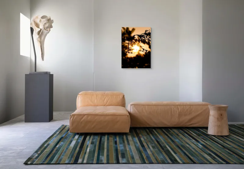 Tablou Canvas, "Soarele de apus printre frunze", Apus, Siluete, Ramuri, Strălucire, Natură, 50 x 70 cm – poza 7
