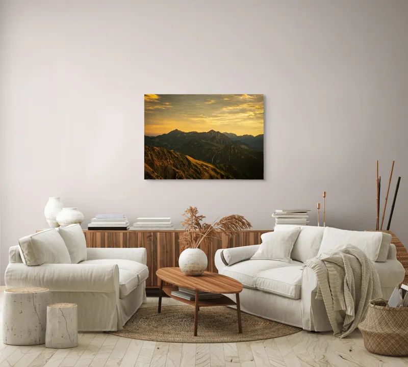 Tablou Canvas, "Lumina aurie peste munții tăcuți", Cer, Munți, Apus, Peisaj, Lumină, Vârfuri, Natură, Pitoresc, Coline, Umbre, 100 x 70 cm – poza 3