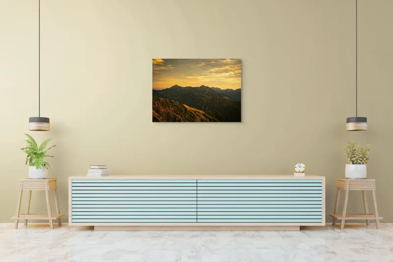 Tablou Canvas, "Lumina aurie peste munții tăcuți", Cer, Munți, Apus, Peisaj, Lumină, Vârfuri, Natură, Pitoresc, Coline, Umbre, 100 x 70 cm – poza 4