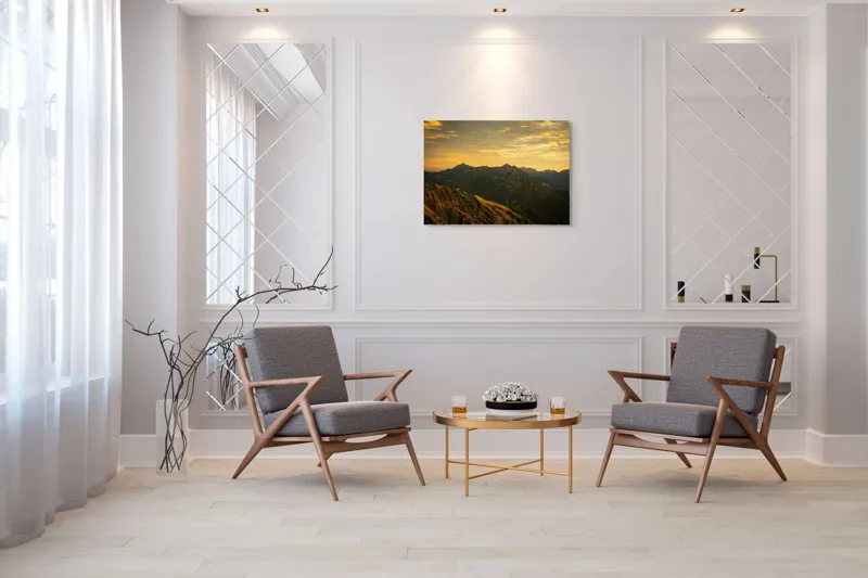 Tablou Canvas, "Lumina aurie peste munții tăcuți", Cer, Munți, Apus, Peisaj, Lumină, Vârfuri, Natură, Pitoresc, Coline, Umbre, 100 x 70 cm – poza 5