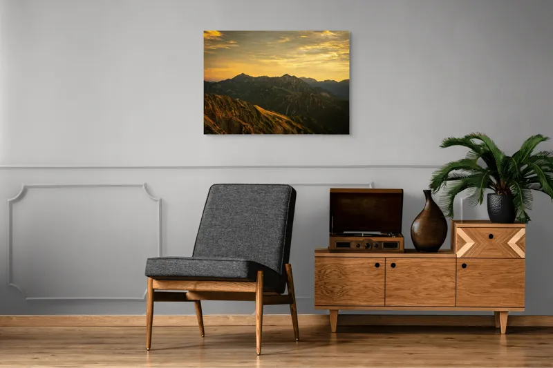 Tablou Canvas, "Lumina aurie peste munții tăcuți", Cer, Munți, Apus, Peisaj, Lumină, Vârfuri, Natură, Pitoresc, Coline, Umbre, 100 x 70 cm – poza 8