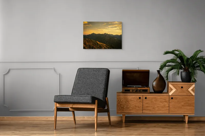 Tablou Canvas, "Lumina aurie peste munții tăcuți", Cer, Munți, Apus, Peisaj, Lumină, Vârfuri, Natură, Pitoresc, Coline, Umbre, 70 x 50 cm – poza 4