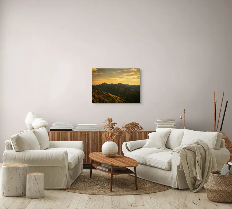 Tablou Canvas, "Lumina aurie peste munții tăcuți", Cer, Munți, Apus, Peisaj, Lumină, Vârfuri, Natură, Pitoresc, Coline, Umbre, 70 x 50 cm – poza 6