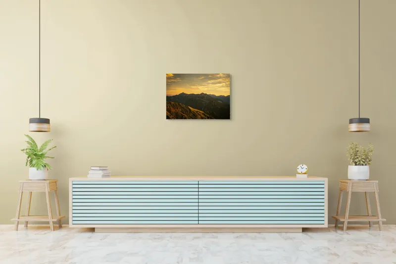 Tablou Canvas, "Lumina aurie peste munții tăcuți", Cer, Munți, Apus, Peisaj, Lumină, Vârfuri, Natură, Pitoresc, Coline, Umbre, 70 x 50 cm – poza 7