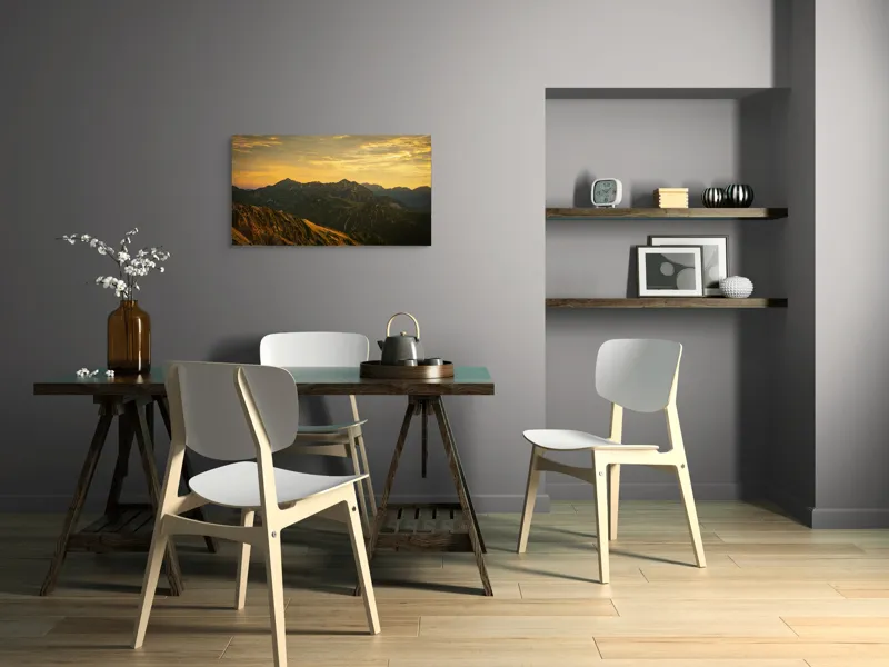Tablou Canvas, "Lumina aurie peste munții tăcuți", Cer, Munți, Apus, Peisaj, Lumină, Vârfuri, Natură, Pitoresc, Coline, Umbre, 90 x 50 cm – poza 3