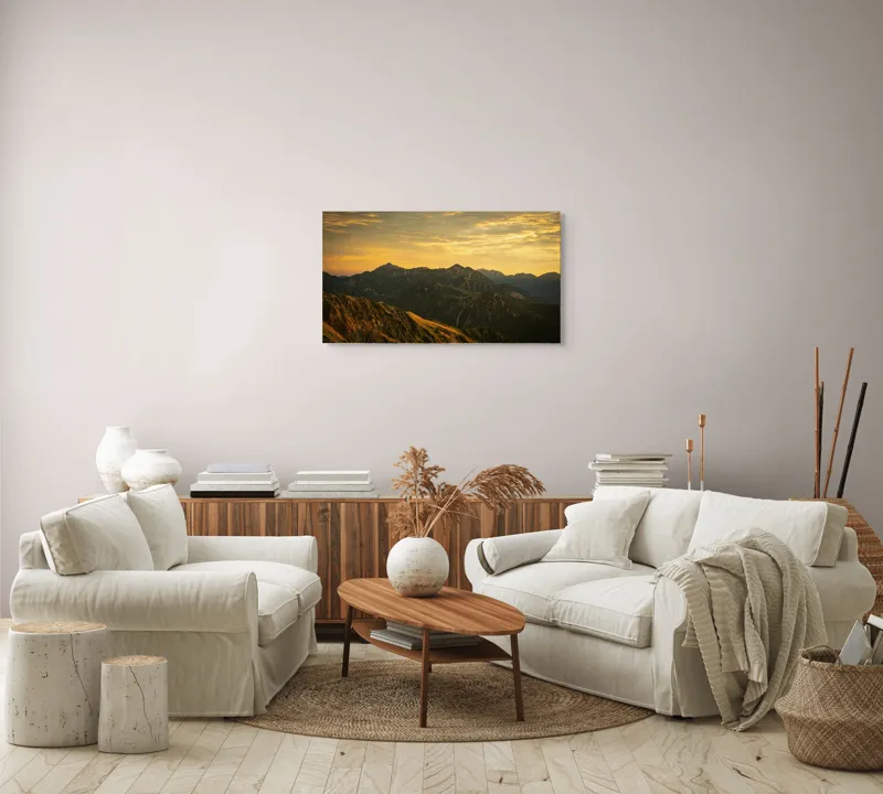 Tablou Canvas, "Lumina aurie peste munții tăcuți", Cer, Munți, Apus, Peisaj, Lumină, Vârfuri, Natură, Pitoresc, Coline, Umbre, 90 x 50 cm – poza 4