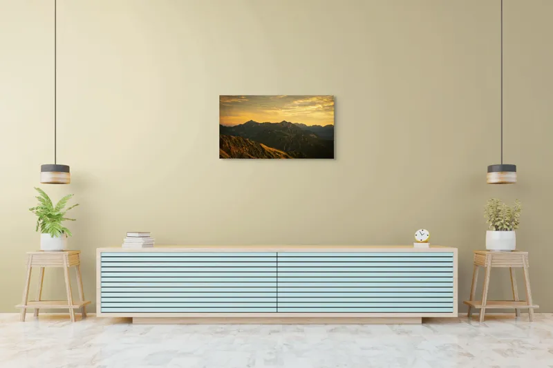 Tablou Canvas, "Lumina aurie peste munții tăcuți", Cer, Munți, Apus, Peisaj, Lumină, Vârfuri, Natură, Pitoresc, Coline, Umbre, 90 x 50 cm – poza 5