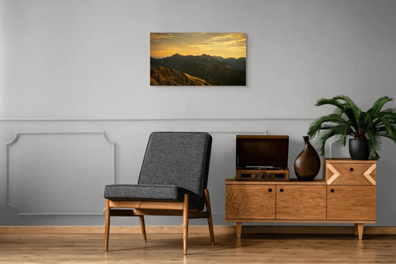 Tablou Canvas, "Lumina aurie peste munții tăcuți", Cer, Munți, Apus, Peisaj, Lumină, Vârfuri, Natură, Pitoresc, Coline, Umbre, 90 x 50 cm – poza 6