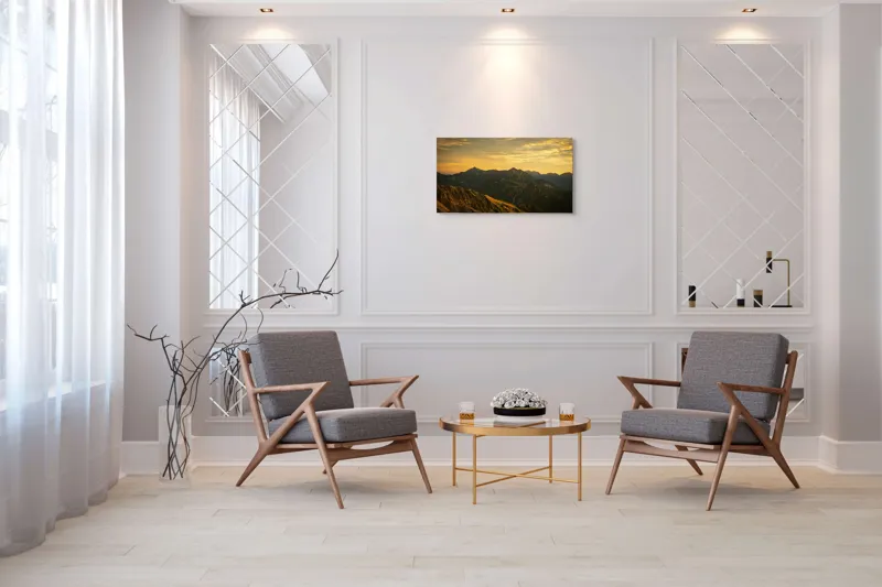 Tablou Canvas, "Lumina aurie peste munții tăcuți", Cer, Munți, Apus, Peisaj, Lumină, Vârfuri, Natură, Pitoresc, Coline, Umbre, 90 x 50 cm – poza 7