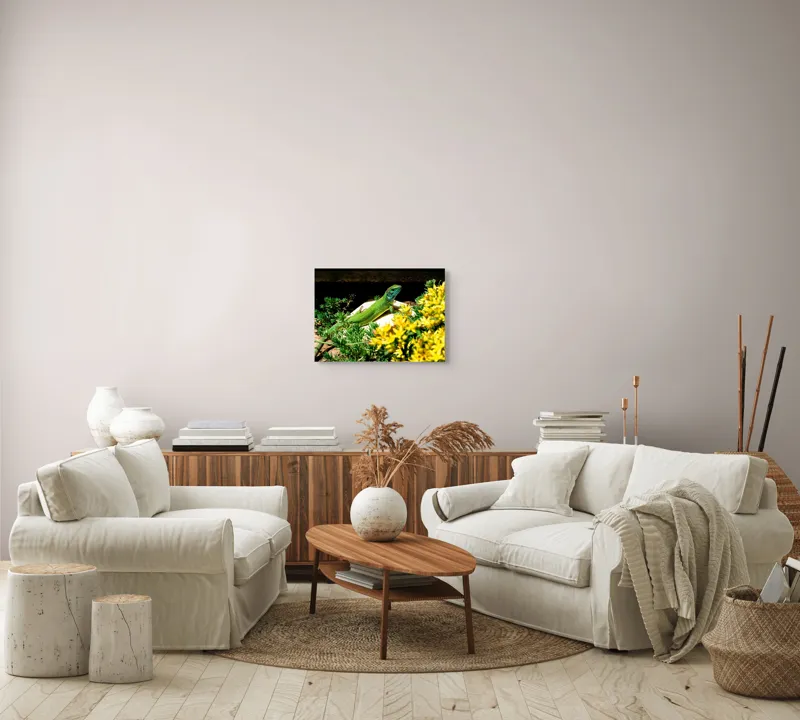 Tablou Canvas, "Șopârla verde printre flori galbene", Șopârlă, Verde, Galben, Flori, Natură, Soare, Tufișuri, Habitat, Culoare, Vivacitate, 54 x 39 cm – poza 5