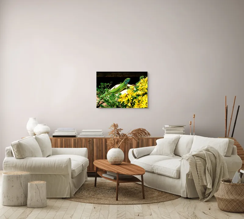 Tablou Canvas, "Șopârla verde printre flori galbene", Șopârlă, Verde, Galben, Flori, Natură, Soare, Tufișuri, Habitat, Culoare, Vivacitate, 70 x 50 cm – poza 6