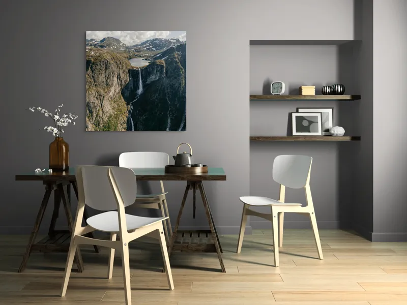 Tablou Canvas, "Cascada din munții scăldați de soare", Cascade, Stânci, Vale, Munți, Cer, Nori, Lac, Vegetație, Apă, Natură, 100 x 100 cm – poza 6
