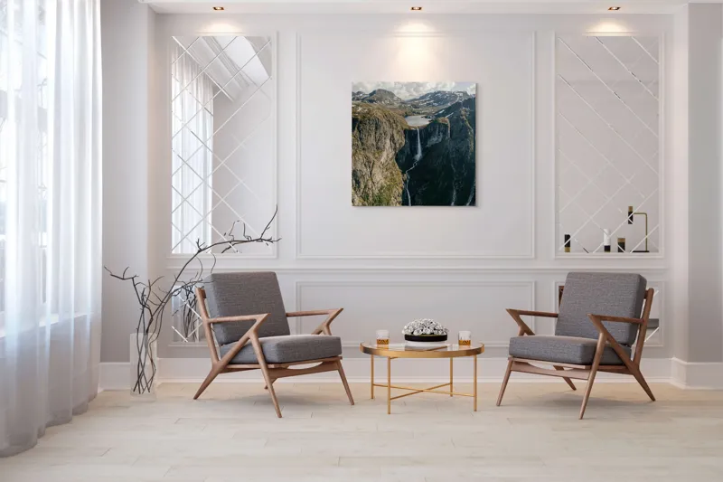 Tablou Canvas, "Cascada din munții scăldați de soare", Cascade, Stânci, Vale, Munți, Cer, Nori, Lac, Vegetație, Apă, Natură, 100 x 100 cm – poza 7