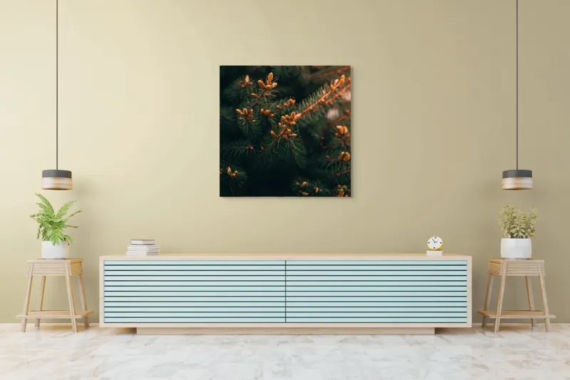 Tablou Canvas, "Brăduțul primăverii înmugurind discret", Verde, Ace, Muguri, Natural, Proaspăt, Textură, Frunziș., 100 x 100 cm – poza 5