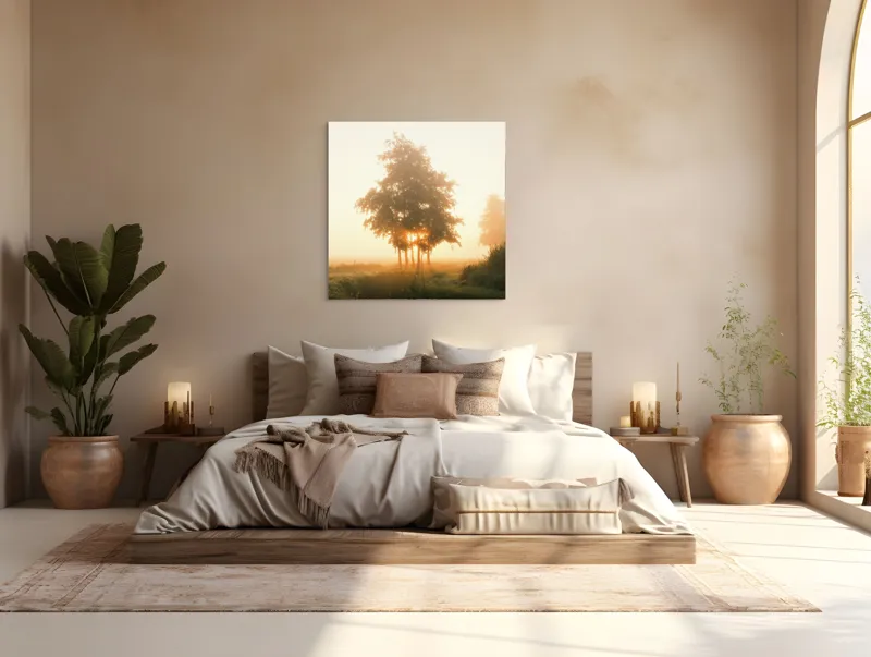 Tablou Canvas, "Răsărit liniștit printre copaci", Aburi, Răsărit, Câmpie, Copaci, Ceață, Lumină, Siluetă, Tranquilitate, Natură, Vechi Drum, 100 x 100 cm – poza 4