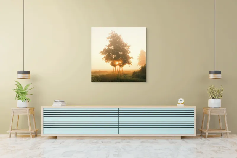 Tablou Canvas, "Răsărit liniștit printre copaci", Aburi, Răsărit, Câmpie, Copaci, Ceață, Lumină, Siluetă, Tranquilitate, Natură, Vechi Drum, 100 x 100 cm – poza 5