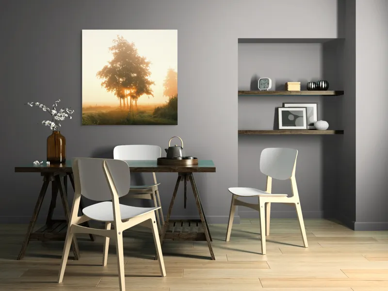 Tablou Canvas, "Răsărit liniștit printre copaci", Aburi, Răsărit, Câmpie, Copaci, Ceață, Lumină, Siluetă, Tranquilitate, Natură, Vechi Drum, 100 x 100 cm – poza 6