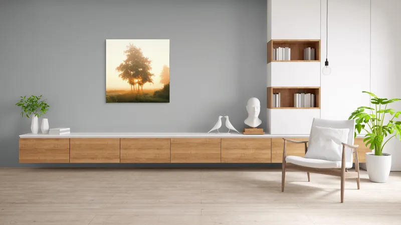 Tablou Canvas, "Răsărit liniștit printre copaci", Aburi, Răsărit, Câmpie, Copaci, Ceață, Lumină, Siluetă, Tranquilitate, Natură, Vechi Drum, 100 x 100 cm – poza 8