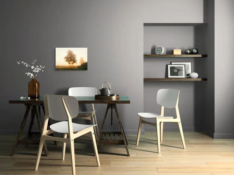 Tablou Canvas, "Răsărit liniștit printre copaci", Aburi, Răsărit, Câmpie, Copaci, Ceață, Lumină, Siluetă, Tranquilitate, Natură, Vechi Drum, 54 x 39 cm – poza 6