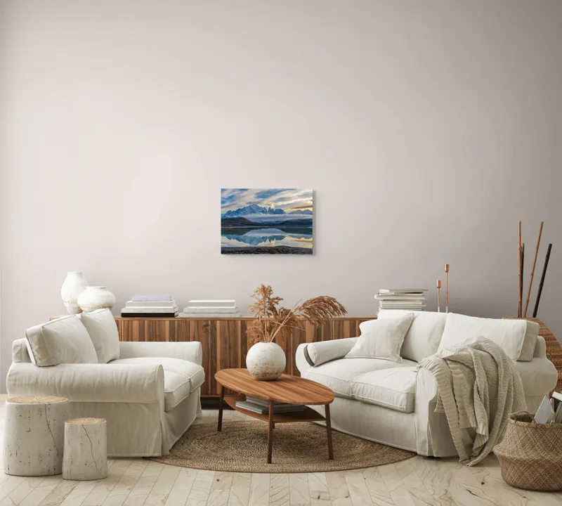 Tablou Canvas, "Reflecții ale munților în apă cristalină", Munte, Lac, Reflecție, Nor, Cer, Apus, Peisaj, Natură, Frumusețe, Răsărit, 54 x 39 cm – poza 5