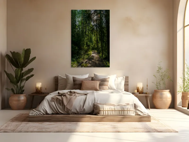 Tablou Canvas, "Razele soarelui prin desișul pădurii", Pădure, Potecă, Lumină, Umbre, Copaci, Verdeață, Tranquilitate, Natură, Aventură., 100 x 150 cm – poza 3