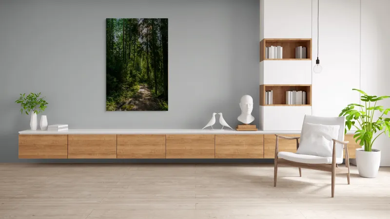 Tablou Canvas, "Razele soarelui prin desișul pădurii", Pădure, Potecă, Lumină, Umbre, Copaci, Verdeață, Tranquilitate, Natură, Aventură., 100 x 150 cm – poza 8