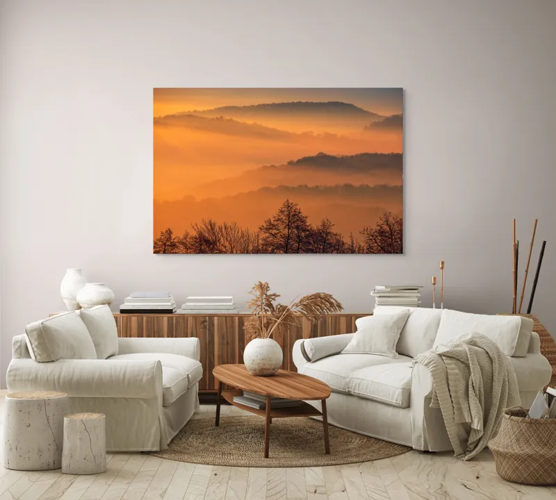 Tablou Canvas, "Răsăritul magic în munții cețoși", Culori, Apus, Pădure, Cețuri, Coline, Peisaj, Liniște, Natură, 150 x 100 cm – poza 3