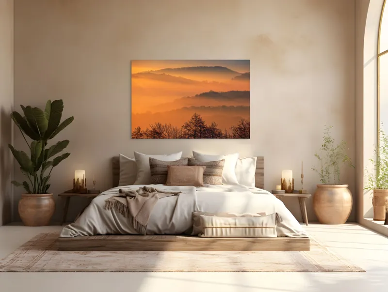 Tablou Canvas, "Răsăritul magic în munții cețoși", Culori, Apus, Pădure, Cețuri, Coline, Peisaj, Liniște, Natură, 150 x 100 cm – poza 4